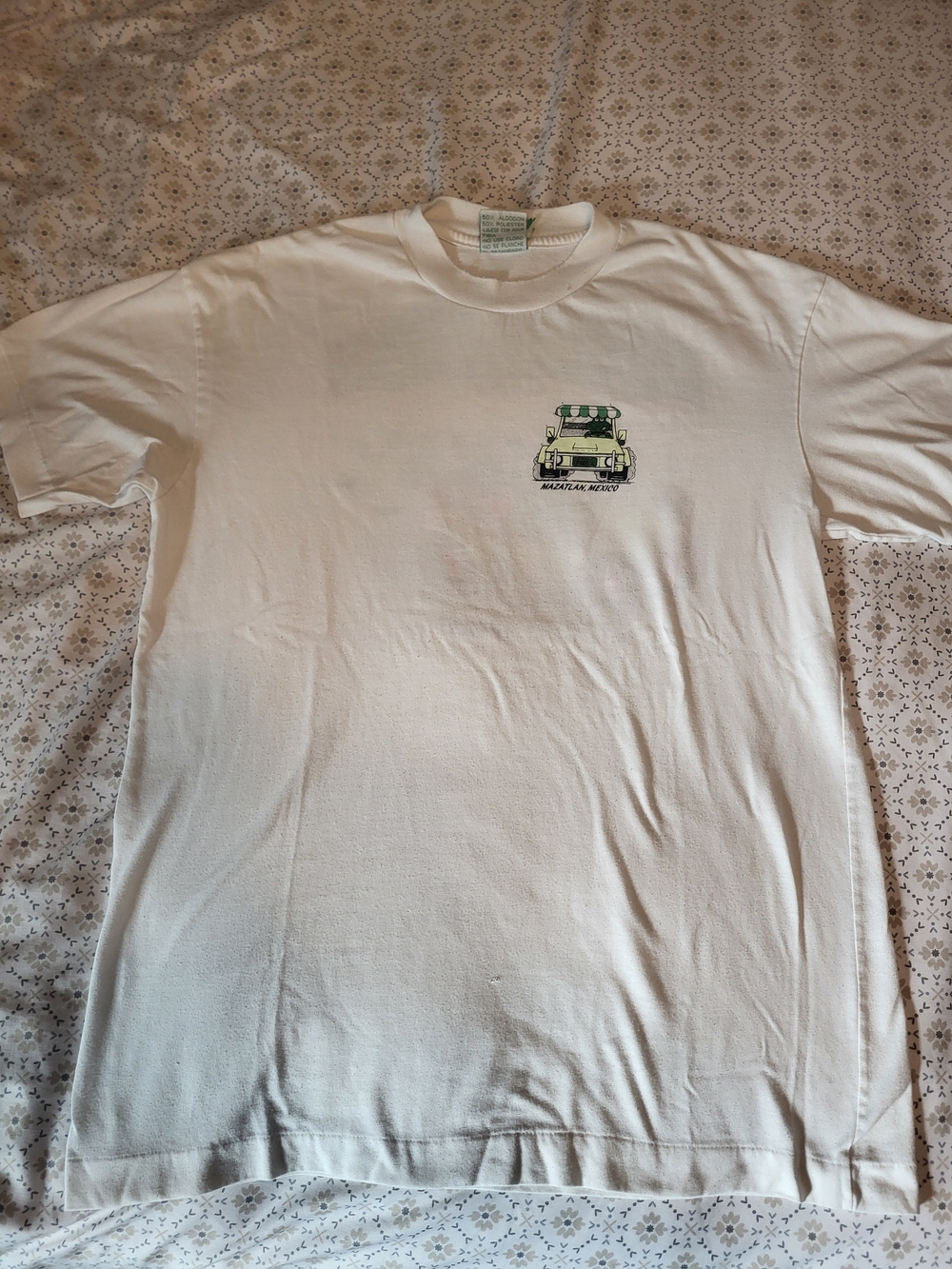 White Short-Sleeve Tee with Green Car Graphic